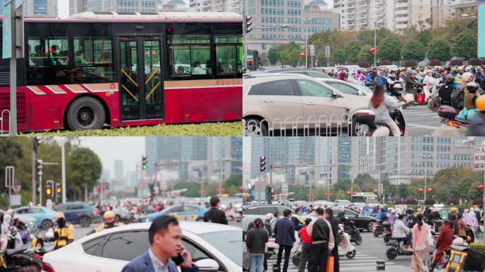 城市交通城市街道人群马路上下班人群