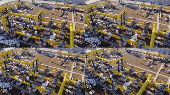 交织的黄色管道建筑奇迹重新定义了工业景观。每个建筑都展示了流体运输的效率，体现了可持续发展的先进建筑