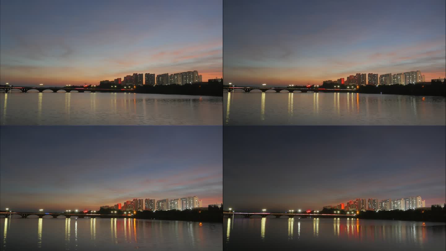 城市河边火烧云日转夜延时摄影
