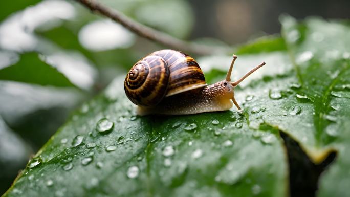 蜗牛特写雨滴树叶大自然