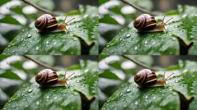 蜗牛特写雨滴树叶大自然