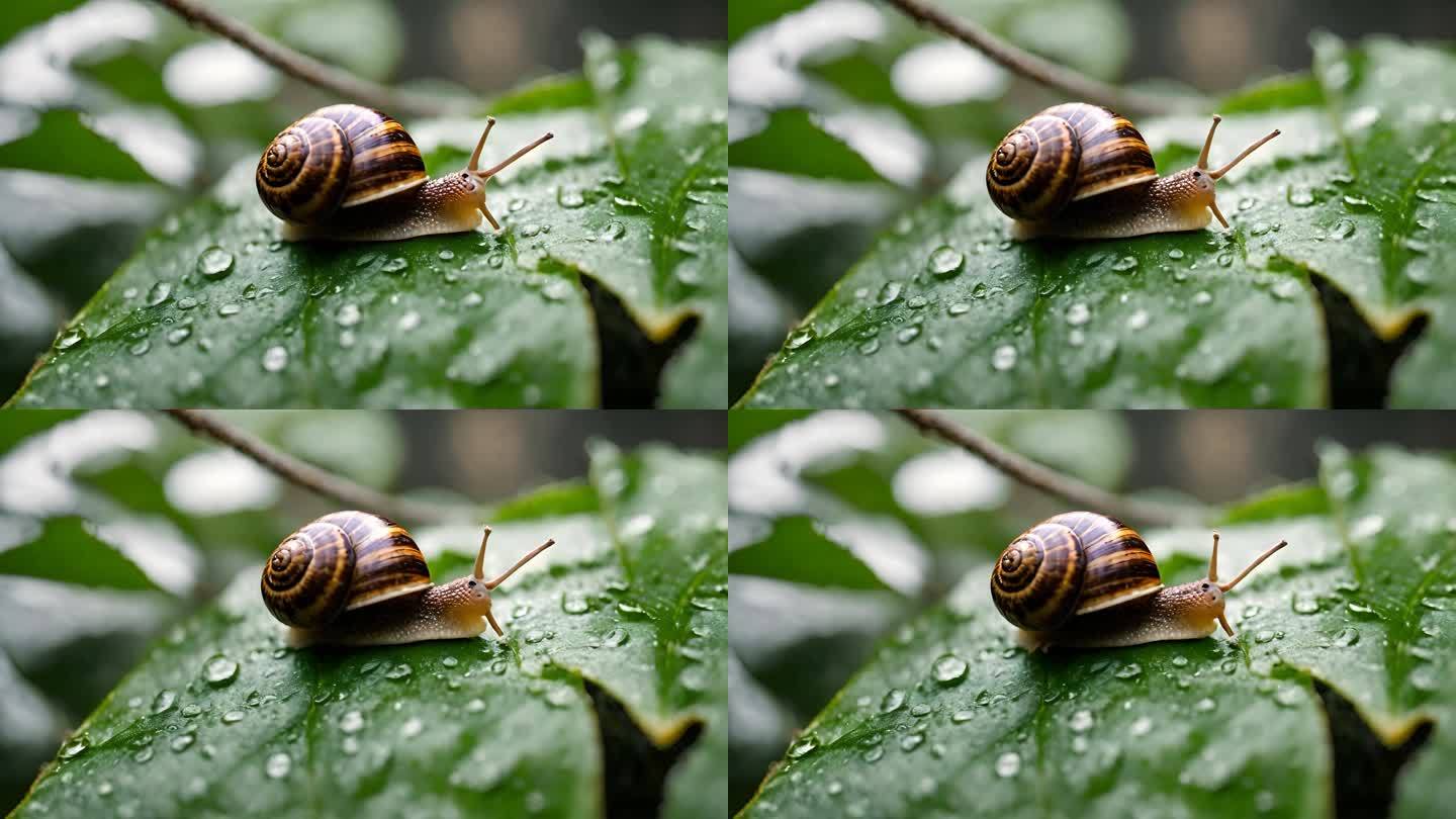 蜗牛特写雨滴树叶大自然