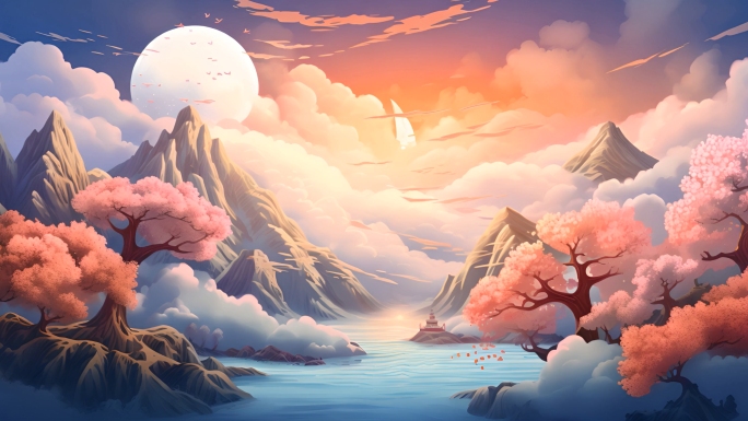 中国风国潮鲜艳云朵山水插画风格背景素材2