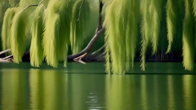 春天风景鸳鸯戏水柳树柳枝湖水