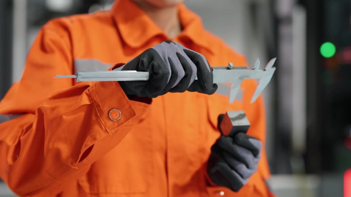 在一个熙熙攘攘的工厂里，穿着安全装备的专业工程师使用游标卡尺测量进入生产的工件的尺寸。建筑业和制造业
