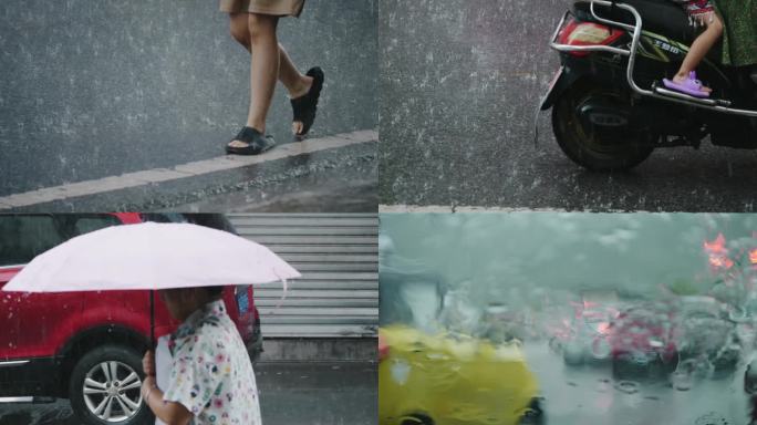 雨水飞溅车辆行驶行人行走大雨中特写慢镜头
