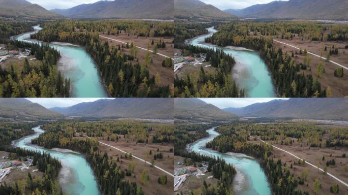 新疆阿勒泰喀纳斯观鱼台古村落秋色航拍
