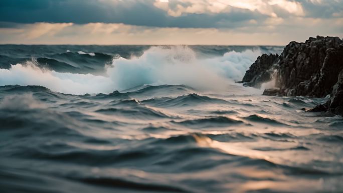 海浪拍打海岸激起千层浪波涛汹涌大风大浪