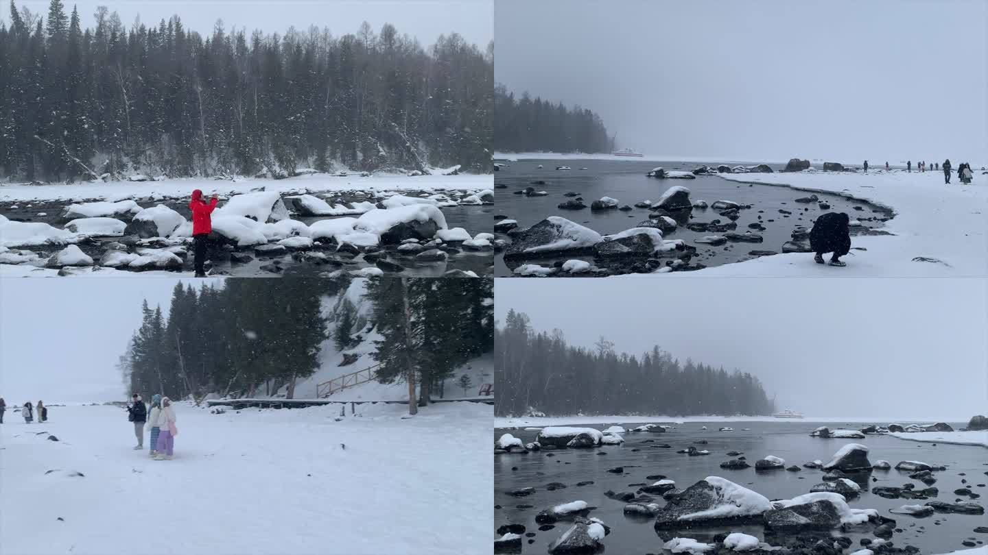 大雪纷飞的喀纳斯湖 雪花飞舞