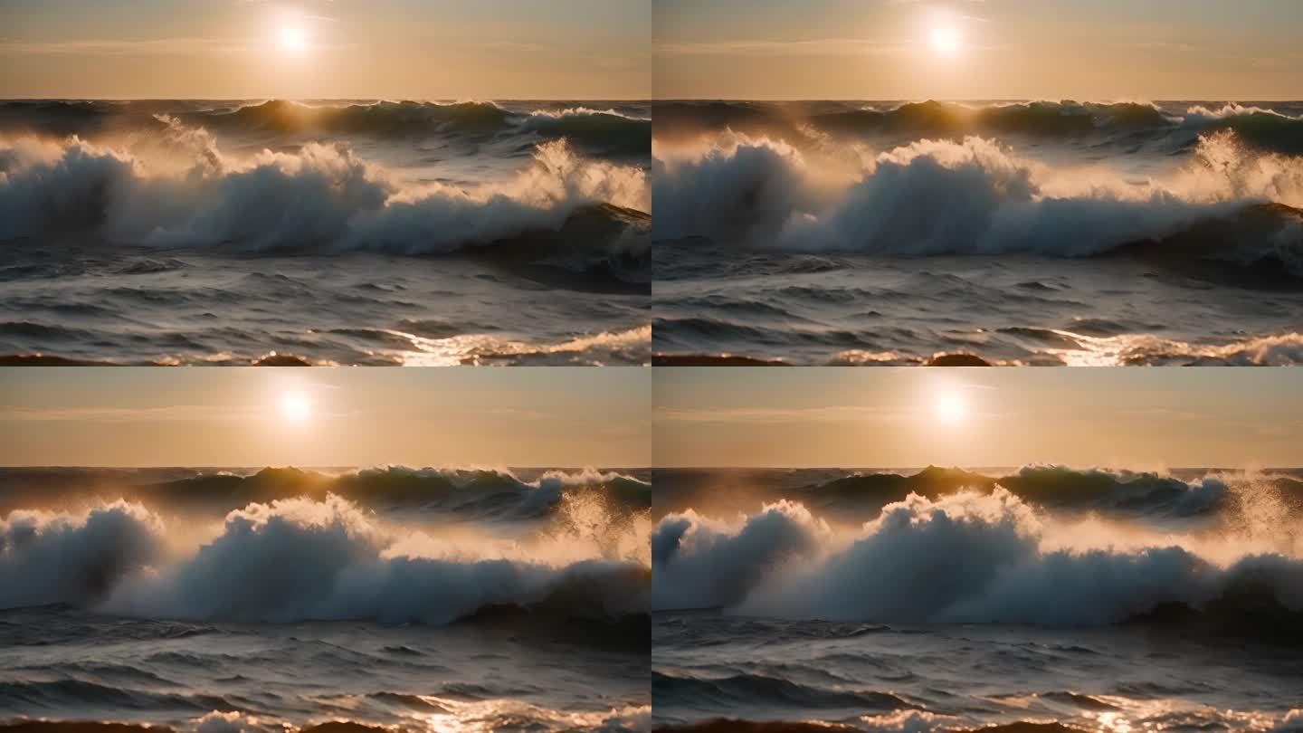 海面波浪翻滚波涛汹涌夕阳海面余晖大气空镜