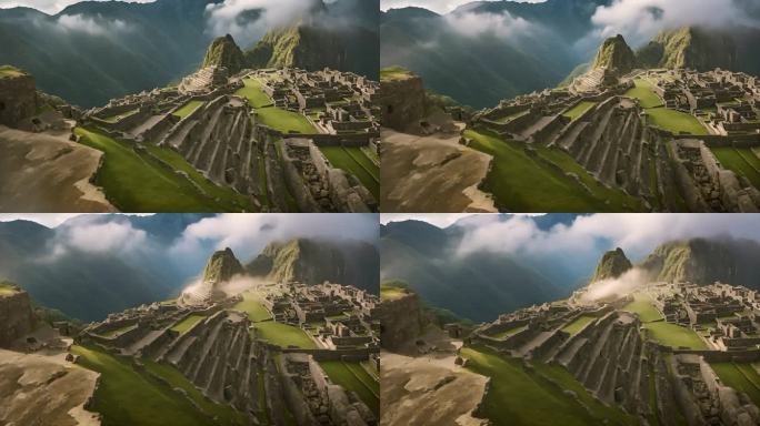 秘鲁马丘比丘空中鸟瞰图飞越古代遗址