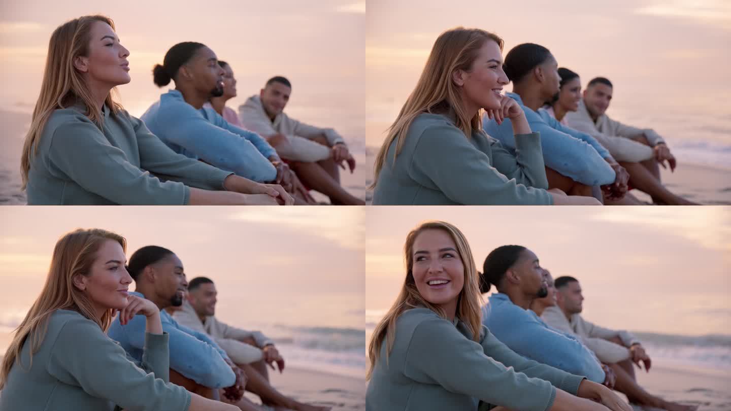 度假时穿着休闲装的年轻女子和朋友坐在沙滩上一起看日出