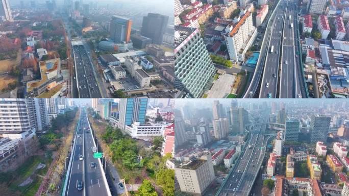 上海杨浦区邯郸路航拍车流马路道路大柏树立