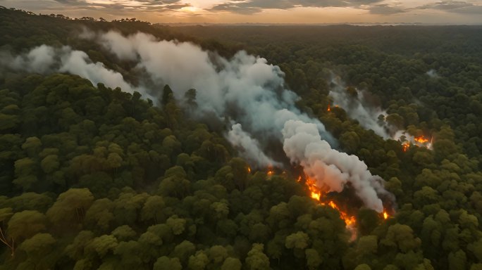亚马逊雨林大火高空航拍辉光和火焰