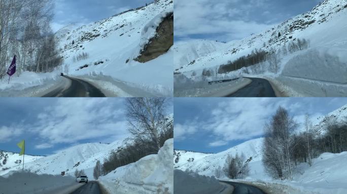 雪中行车 新疆 雪景 白雪皑皑 穿越山路