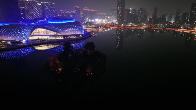 杭州钱塘CBD 航拍低视角金沙湖夜景模式