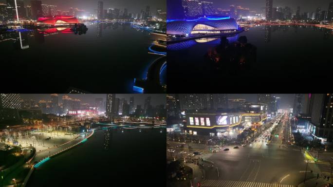 杭州钱塘CBD 航拍低视角金沙湖夜景模式