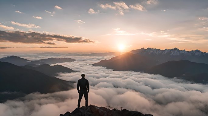 一个人站在山顶 登山 山顶日出高山云海