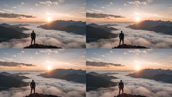 一个人站在山顶 登山 山顶日出高山云海