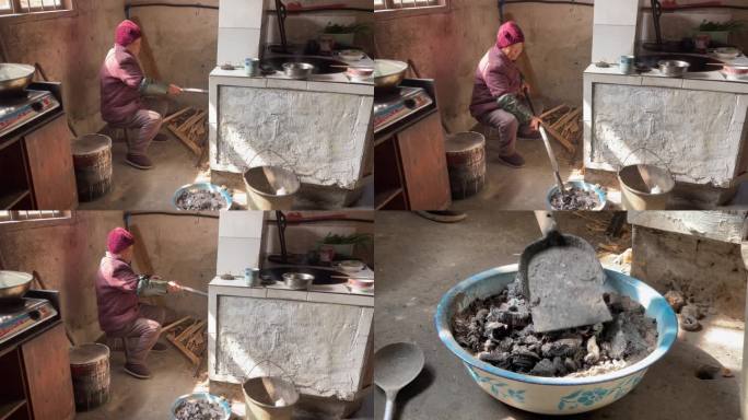 农村厨房火盆火炭