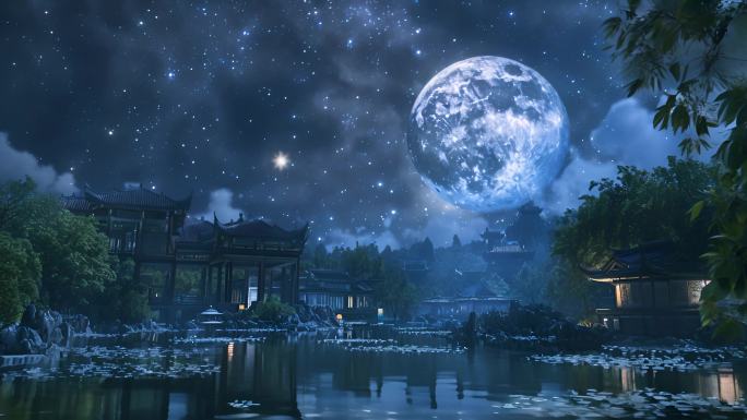 中国古代夜景 超级月亮