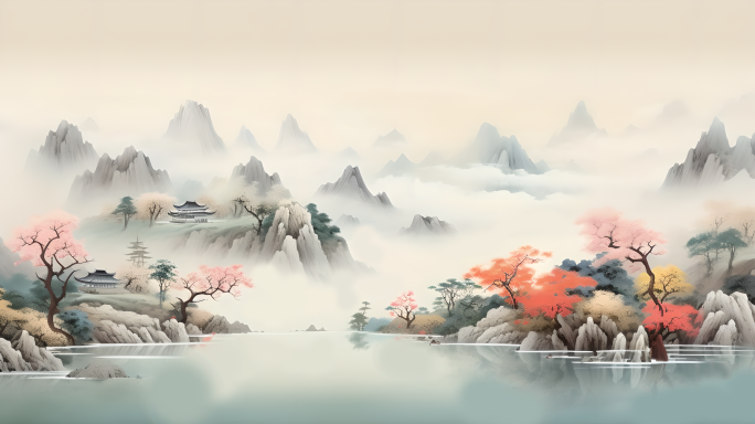 中国风水墨国潮山水插画风格背景素材