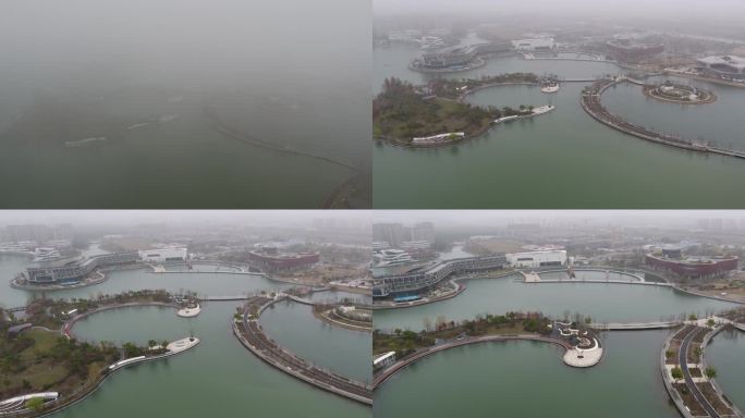 大雾下的上海之鱼航拍高清俯冲镜头/未调色