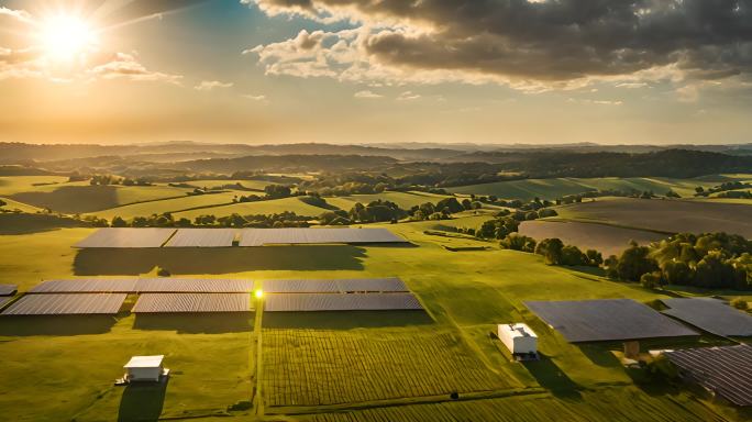 日落太阳能电池板农场云层反射绿色能源