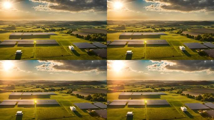 日落太阳能电池板农场云层反射绿色能源