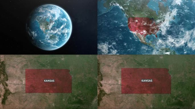 从地球上放大到美国堪萨斯州。美利坚合众国的卫星图像。电影世界地图动画从外太空到领土。美国的概念，亮点