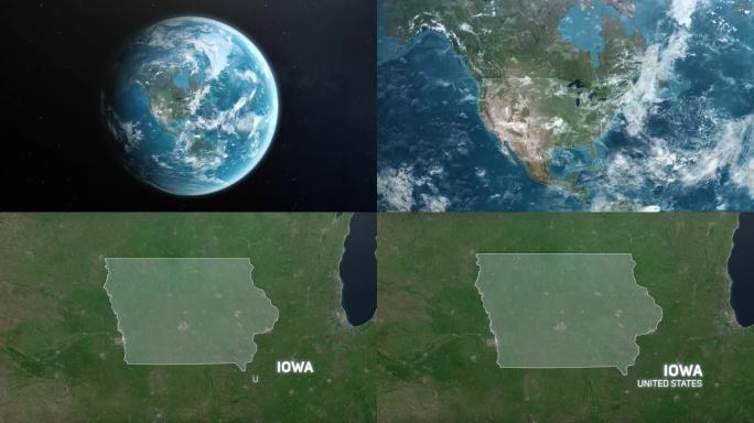 从地球上放大美国爱荷华州。美利坚合众国的卫星图像。电影世界地图动画从外太空到领土。美国的概念，亮点，