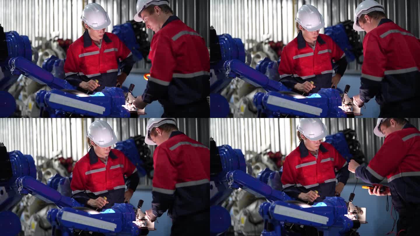 工厂工程师用智能平板电脑检查机器。工人在重型机械机械臂上工作。工业工厂的远程系统焊机。人工智能概念。