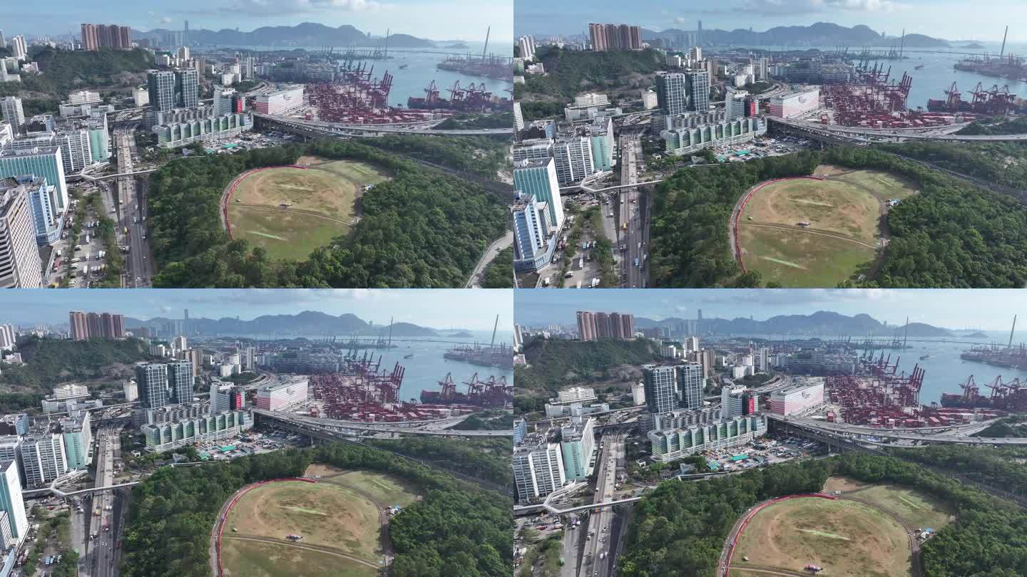 荃湾葵涌和青衣是一个商业和住宅的海滨卫星城，建在香港新界的一个海湾上，航拍无人机城市的天景