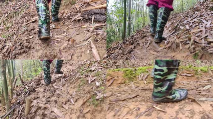 登山爬山脚步踏上泥地土路雨季泥浆泥泞道路