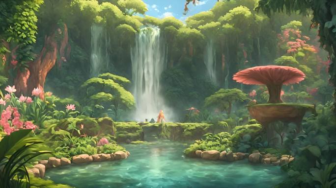 卡通动画溪流瀑布丛林视频素材