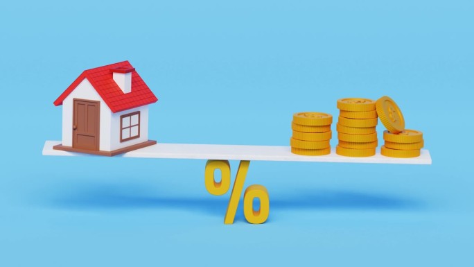 按揭付款或投资概念。房产价值，机会，房屋贷款，房价上涨，利率，金融风险。房屋及按揭利率百分比。4k 