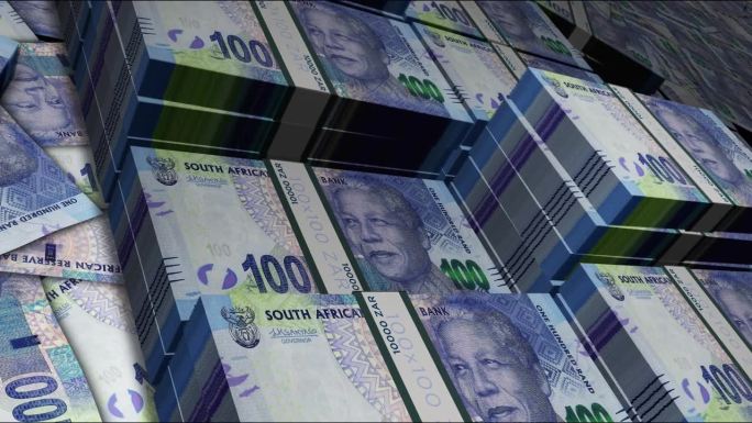 南非兰特钞票包飞过钞票堆