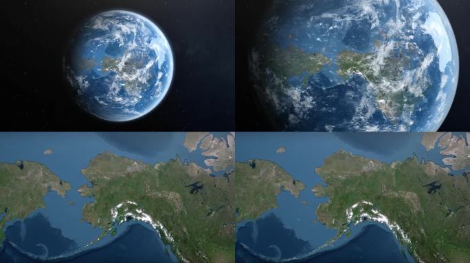 从地球上放大到美国阿拉斯加。美利坚合众国的卫星图像。电影世界地图动画从外太空到领土。美国的概念，亮点