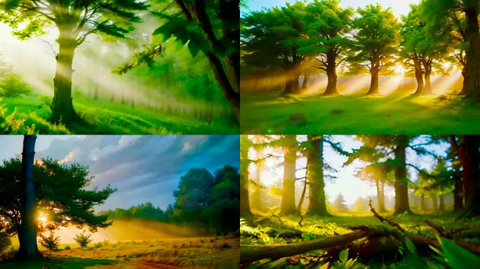 天然氧吧动画片森林光影晨雾树林阳光卡通