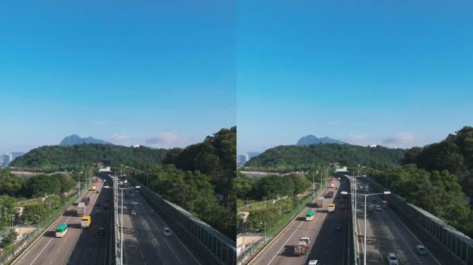 香港大埔区吐露港公路城市高架桥早晨交通情况