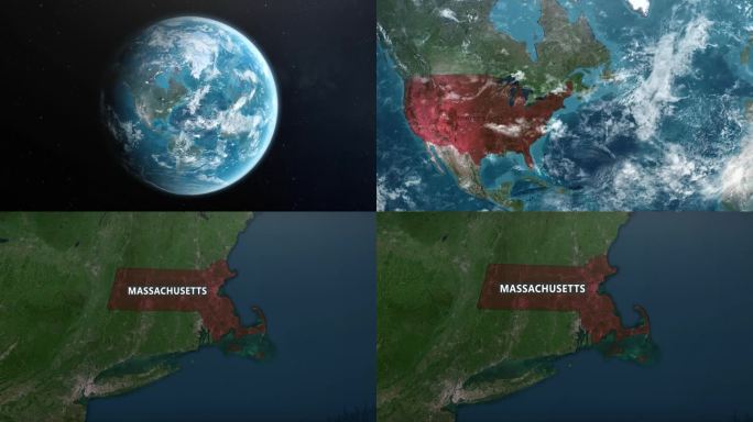 从地球上放大到美国马萨诸塞州。美利坚合众国的卫星图像。电影世界地图动画从外太空到领土。美国的概念，亮