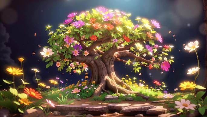 4K三维3D唯美梦幻森林大树花丛童话背景
