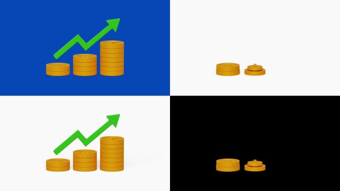 3D硬币堆栈与绿色上升箭头在蓝屏上。股市上涨。投资、利润和财务增长理念。4k 3d动画