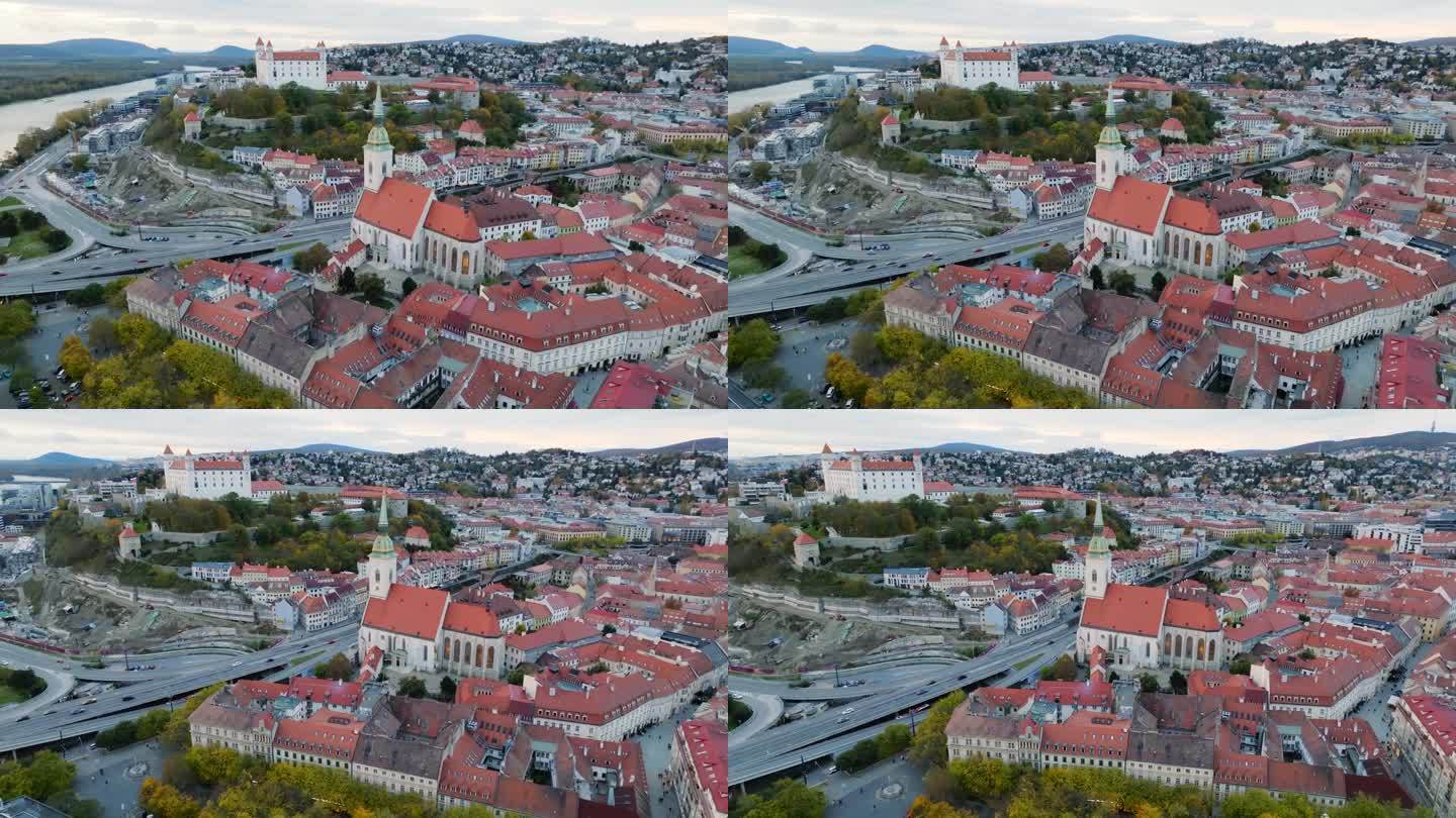 在布拉迪斯拉发市中心的圣马丁城堡和大教堂的空中全景无人机视图。