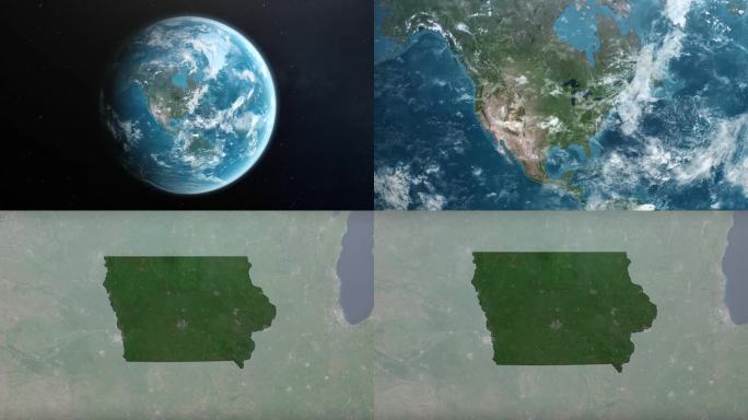 从地球上放大美国爱荷华州。美利坚合众国的卫星图像。电影世界地图动画从外太空到领土。美国的概念，亮点，