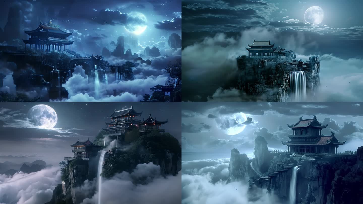 中国仙境 空中小岛 皓月当空 瀑布