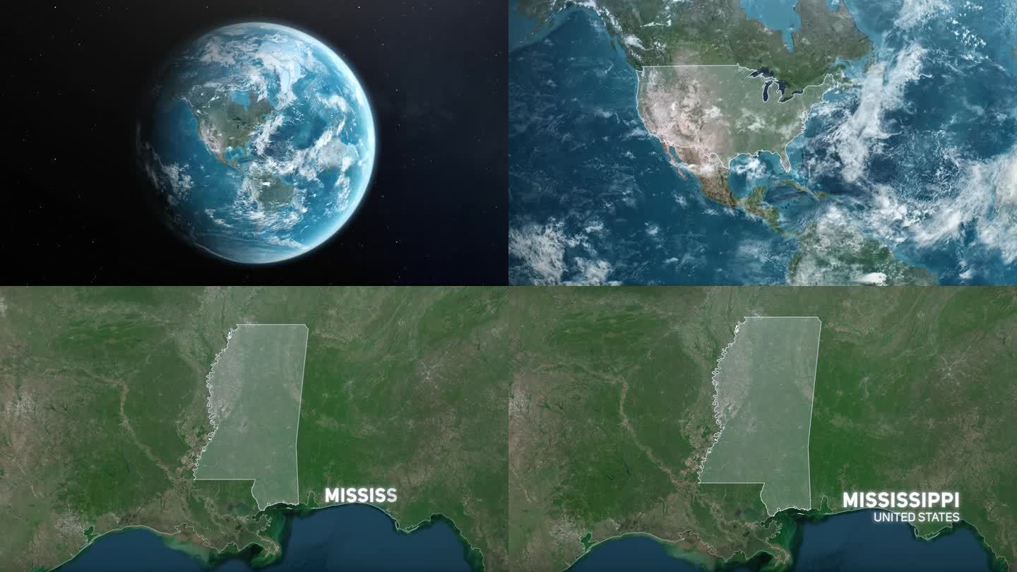 从地球上放大到美国密西西比州。美利坚合众国的卫星图像。电影世界地图动画从外太空到领土。美国的概念，亮