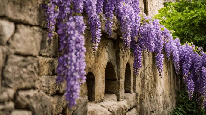 时光绘境：古老墙壁与紫藤萝的浪漫交织