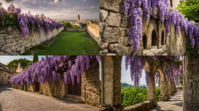 时光绘境：古老墙壁与紫藤萝的浪漫交织