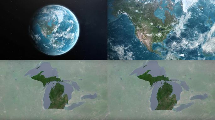 从地球上放大到美国密歇根州。美利坚合众国的卫星图像。电影世界地图动画从外太空到领土。美国的概念，亮点